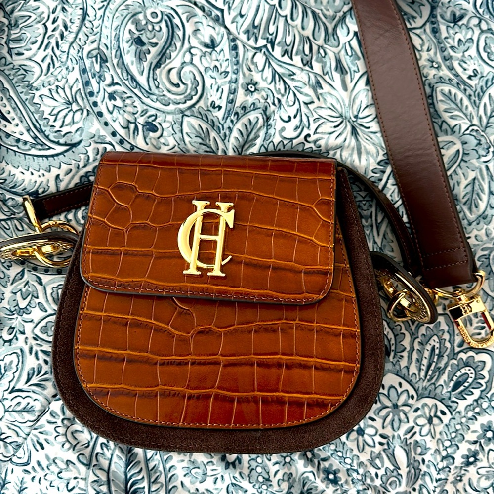 The OG Chelsea saddle bag by Holland Cooper in Tan Croc with crossbody strap